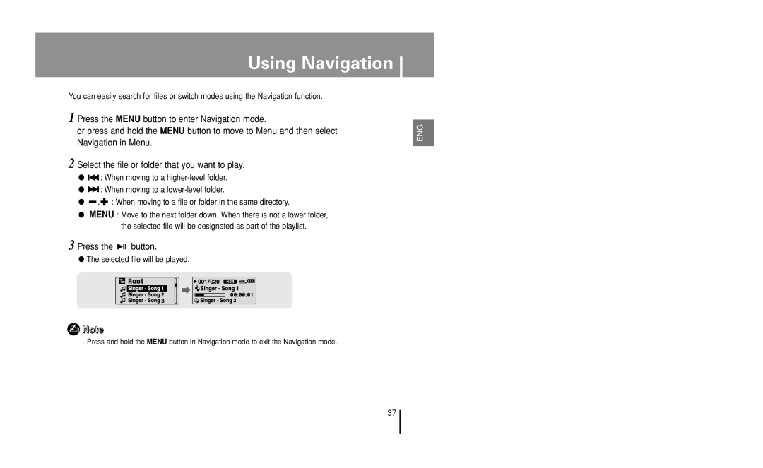 Samsung YP-U1 manual Using Navigation, Press the button 