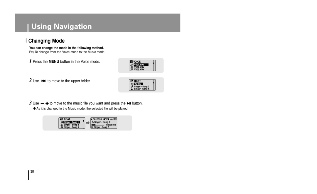 Samsung YP-U1 manual Changing Mode, Ex To change from the Voice mode to the Music mode 