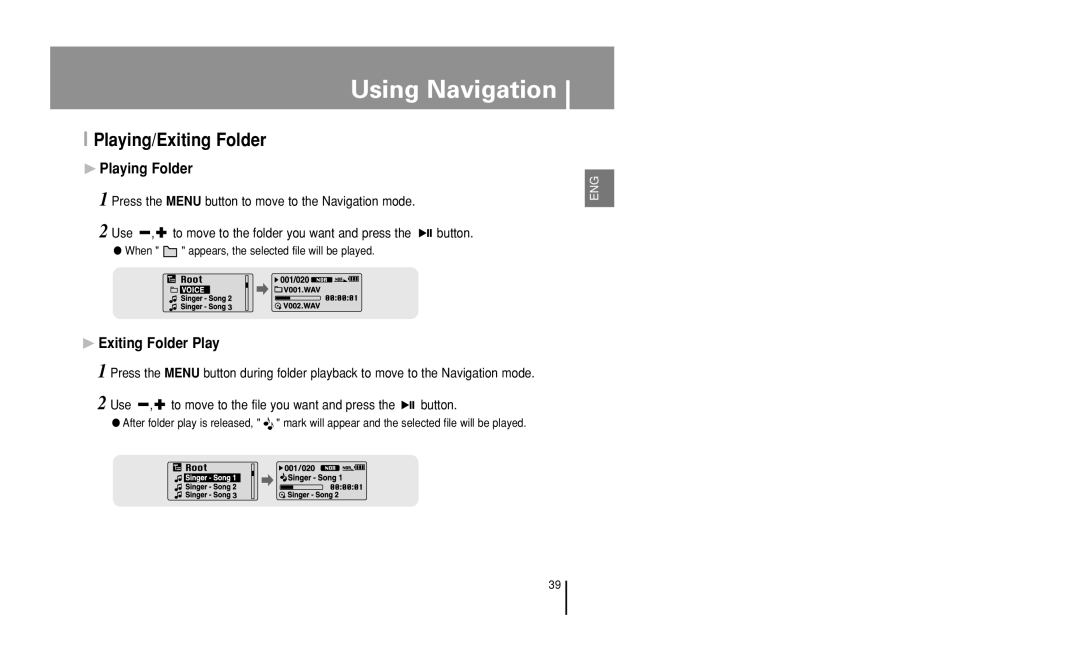 Samsung YP-U1 manual Playing/Exiting Folder, When appears, the selected file will be played 