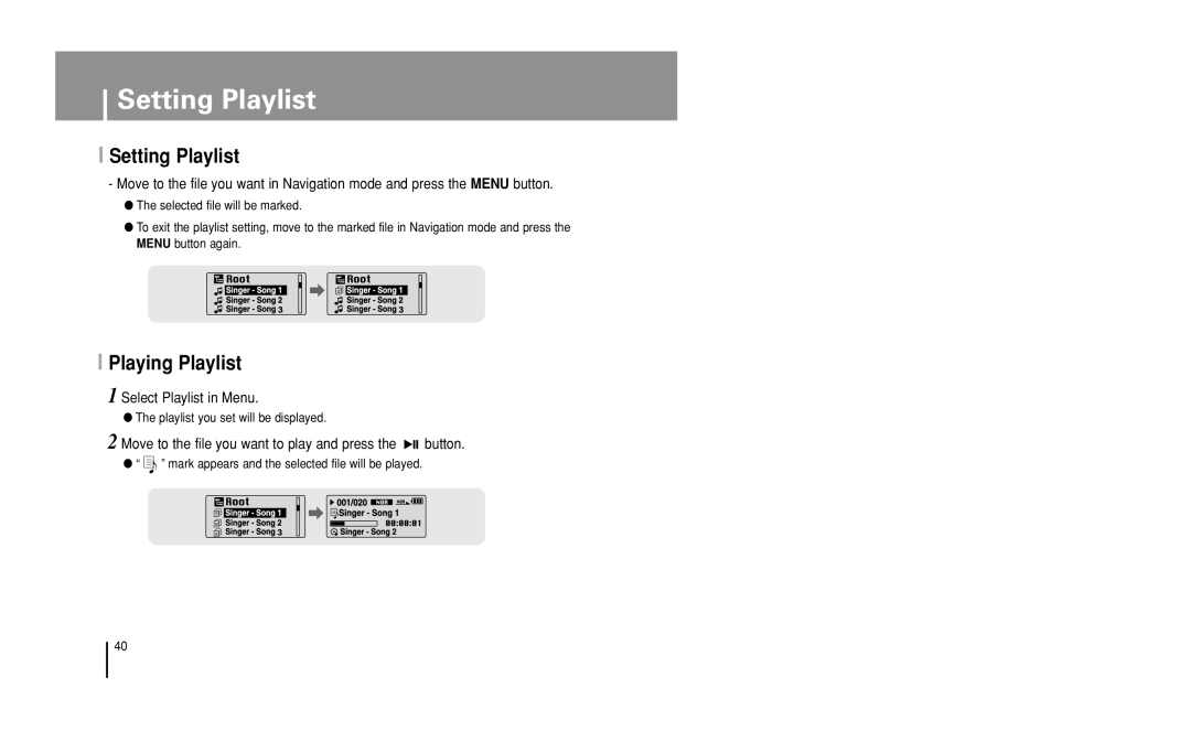 Samsung YP-U1 manual Setting Playlist, Playing Playlist, Select Playlist in Menu 