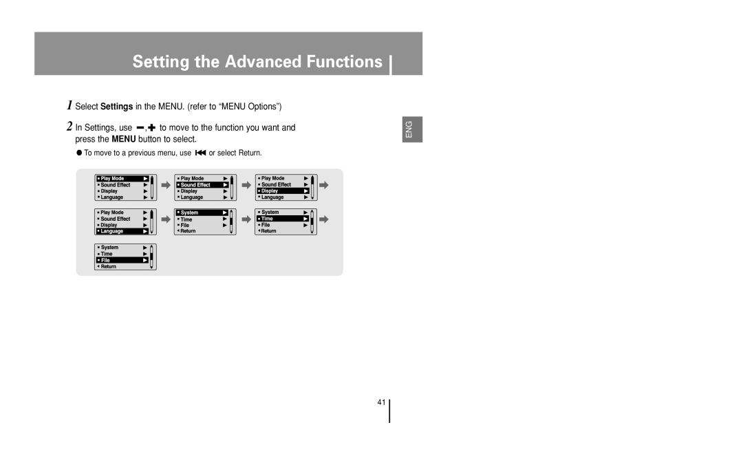 Samsung YP-U1 manual Setting the Advanced Functions, To move to a previous menu, use or select Return 