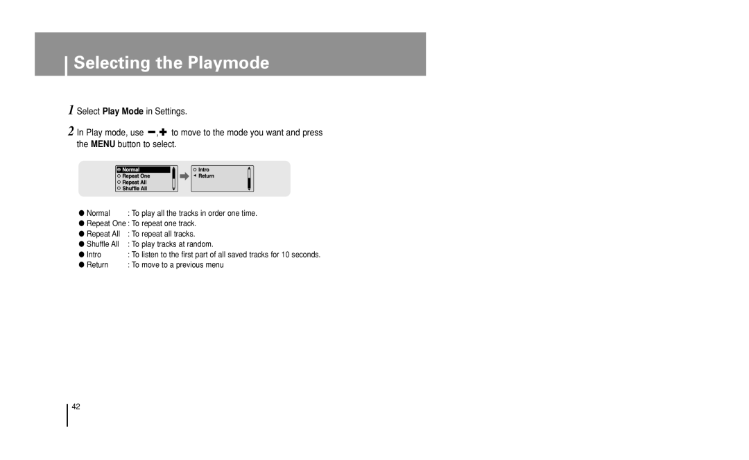 Samsung YP-U1 manual Selecting the Playmode, Normal, Return To move to a previous menu 