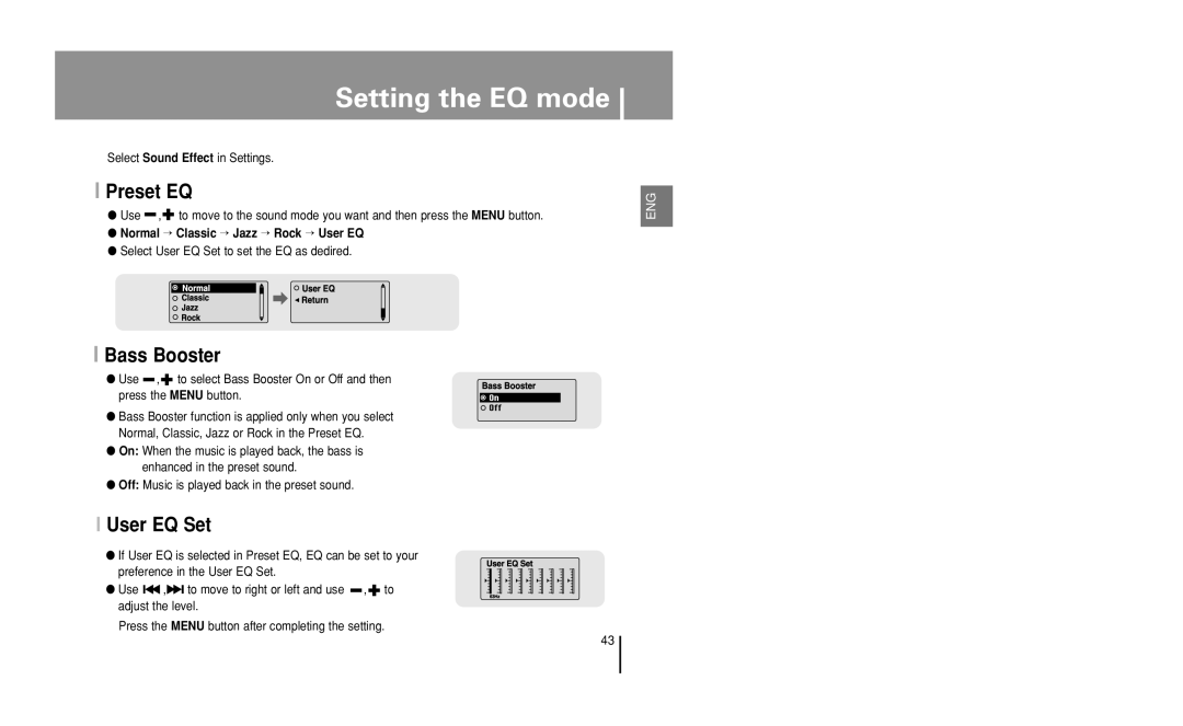 Samsung YP-U1 manual Setting the EQ mode, Preset EQ, Bass Booster, User EQ Set 