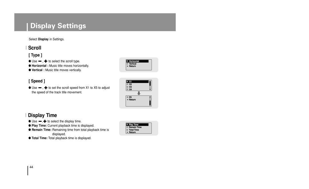 Samsung YP-U1 manual Display Settings, Scroll, Display Time, Select Display in Settings 