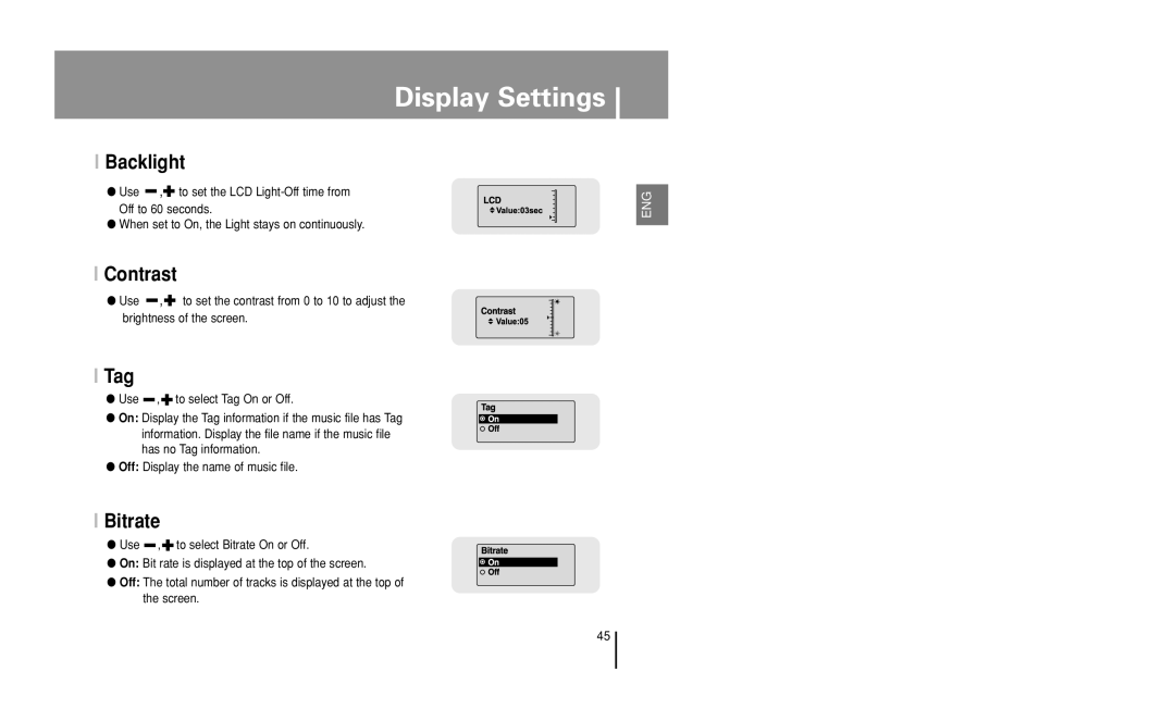 Samsung YP-U1 manual Backlight, Contrast, Tag, Bitrate 