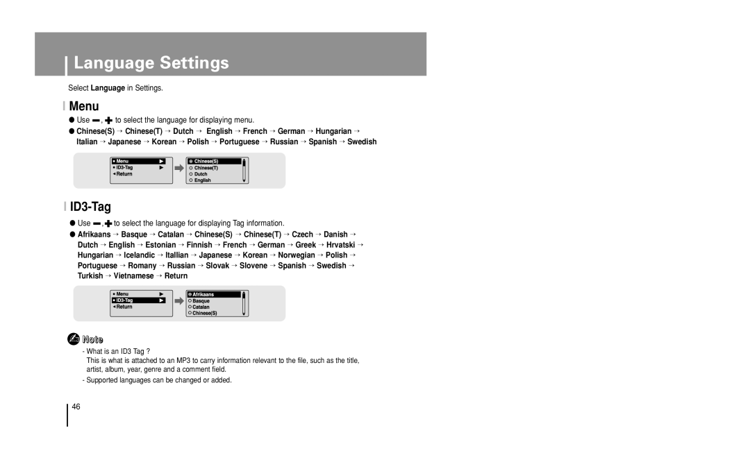 Samsung YP-U1 manual Language Settings, Menu, ID3-Tag 