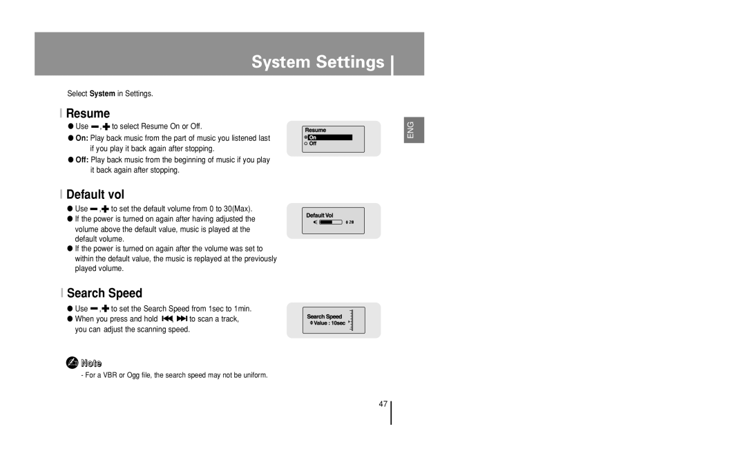 Samsung YP-U1 manual System Settings, Resume, Default vol, Search Speed 