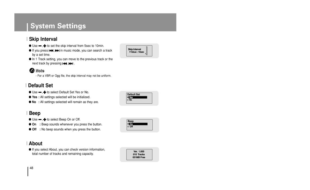 Samsung YP-U1 manual Skip Interval, Default Set, About, Use , to select Beep On or Off 