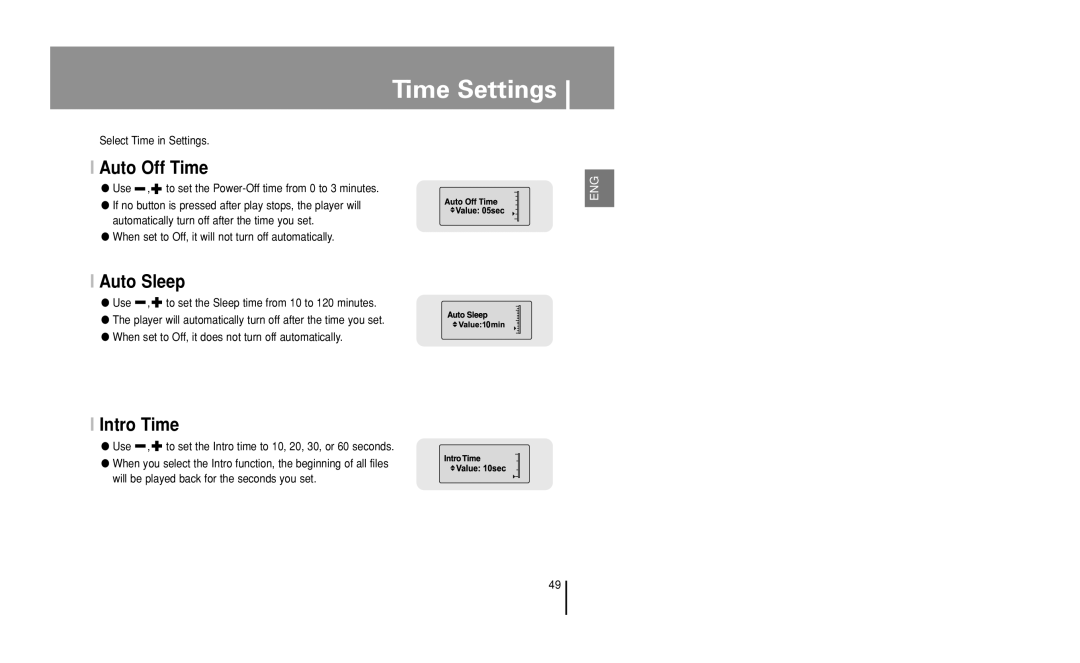 Samsung YP-U1 manual Time Settings, Auto Off Time, Auto Sleep, Intro Time 