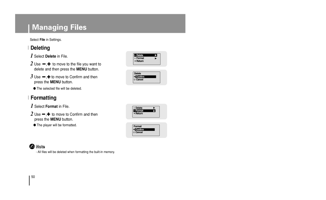 Samsung YP-U1 manual Managing Files, Deleting, Formatting, Select Delete in File 