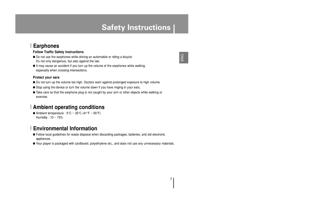 Samsung YP-U1 manual Earphones, Ambient operating conditions, Environmental Information 