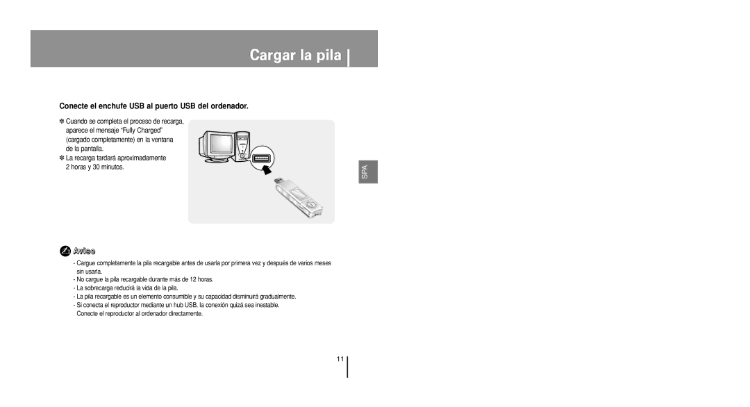 Samsung YP-U1X/ELS, YP-U1V/ELS manual Cargar la pila, Conecte el enchufe USB al puerto USB del ordenador 