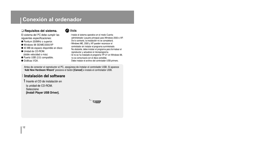 Samsung YP-U1V/ELS, YP-U1X/ELS manual Conexión al ordenador, Instalación del software 