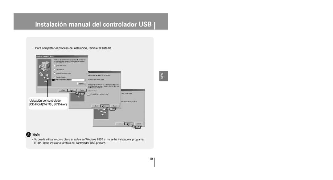 Samsung YP-U1X/ELS, YP-U1V/ELS manual Ubicación del controlador CD-ROM\Win98USB\Drivers 