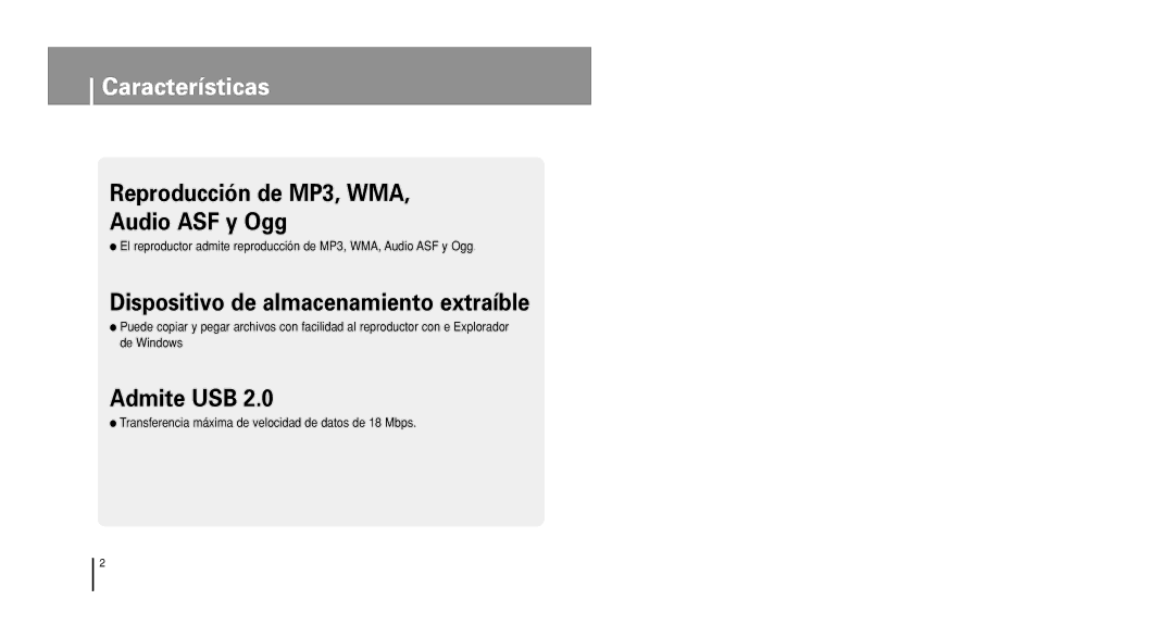 Samsung YP-U1V/ELS, YP-U1X/ELS manual Características 