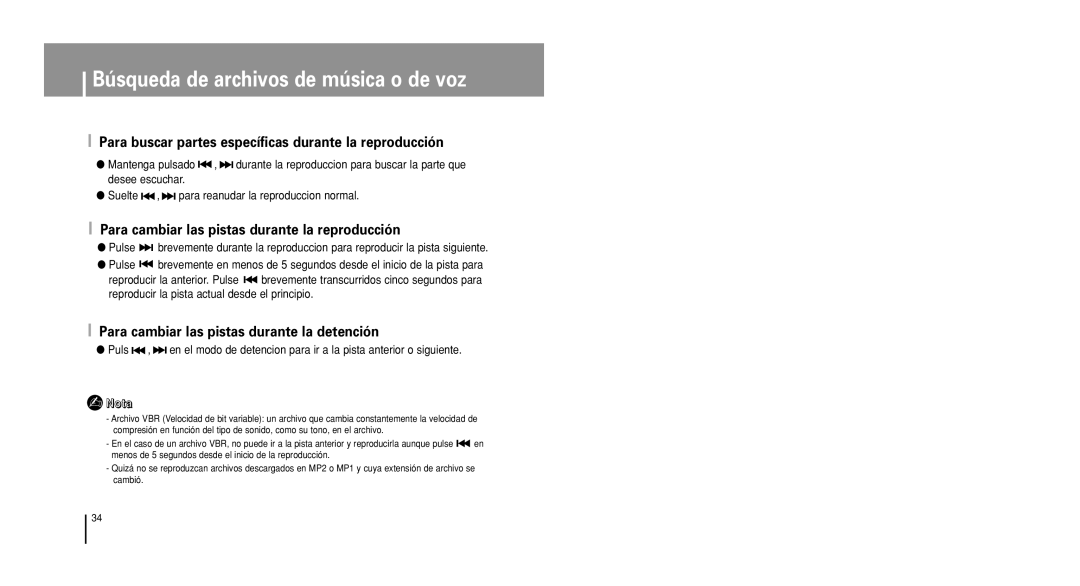 Samsung YP-U1V/ELS manual Búsqueda de archivos de música o de voz, Para buscar partes específicas durante la reproducción 