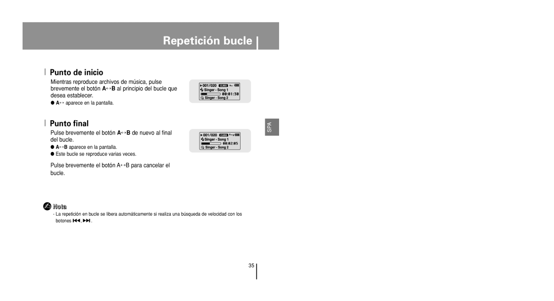 Samsung YP-U1X/ELS, YP-U1V/ELS manual Repetición bucle, Punto de inicio, Punto final 