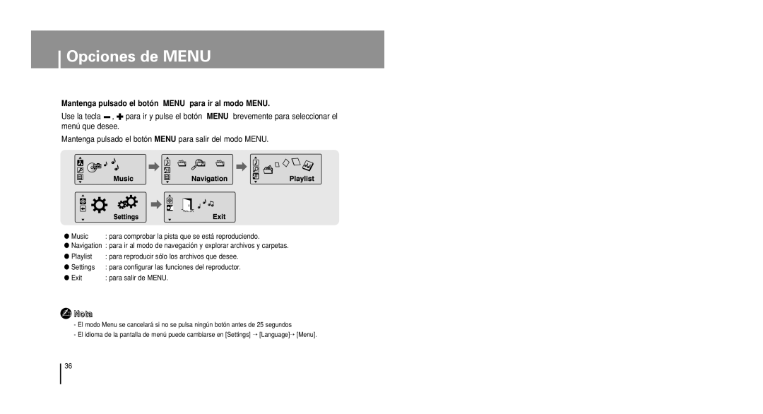 Samsung YP-U1V/ELS, YP-U1X/ELS manual Opciones de Menu, Mantenga pulsado el botón Menu para ir al modo Menu 