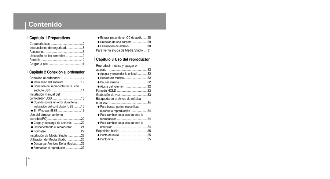 Samsung YP-U1V/ELS, YP-U1X/ELS manual Contenido, Capítulo 1 Preparativos 