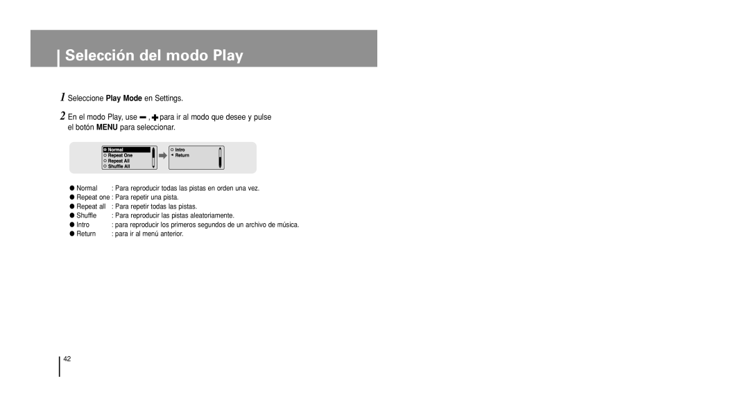 Samsung YP-U1V/ELS, YP-U1X/ELS manual Selección del modo Play 