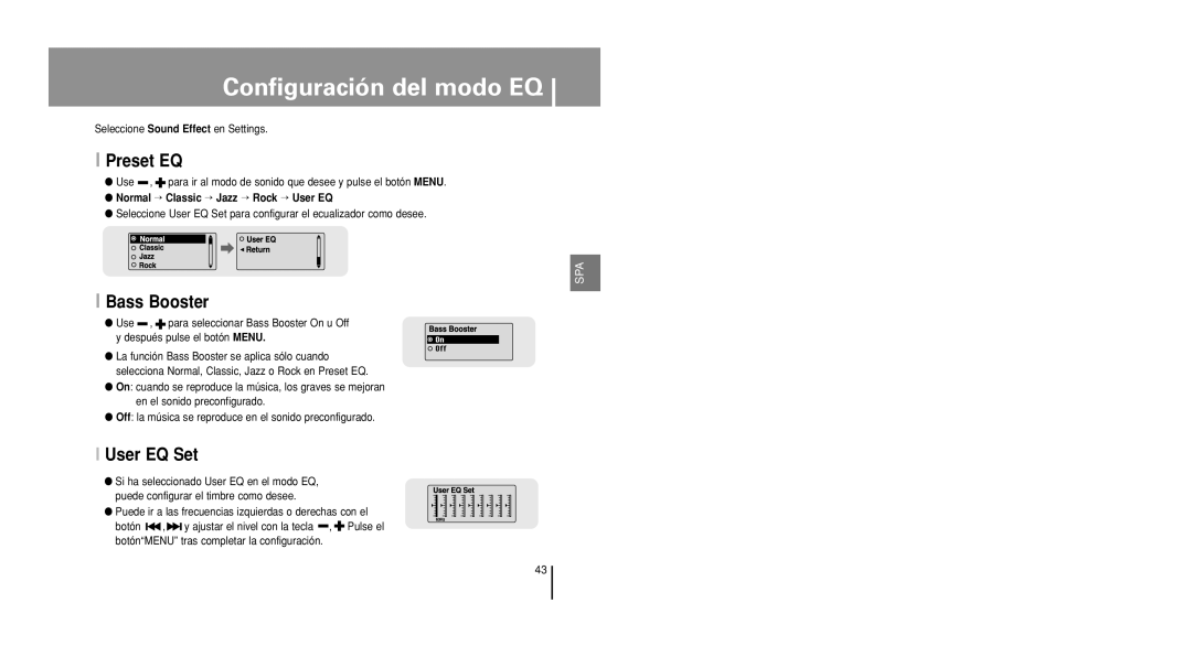 Samsung YP-U1X/ELS, YP-U1V/ELS manual Configuración del modo EQ, Preset EQ, Bass Booster, User EQ Set 