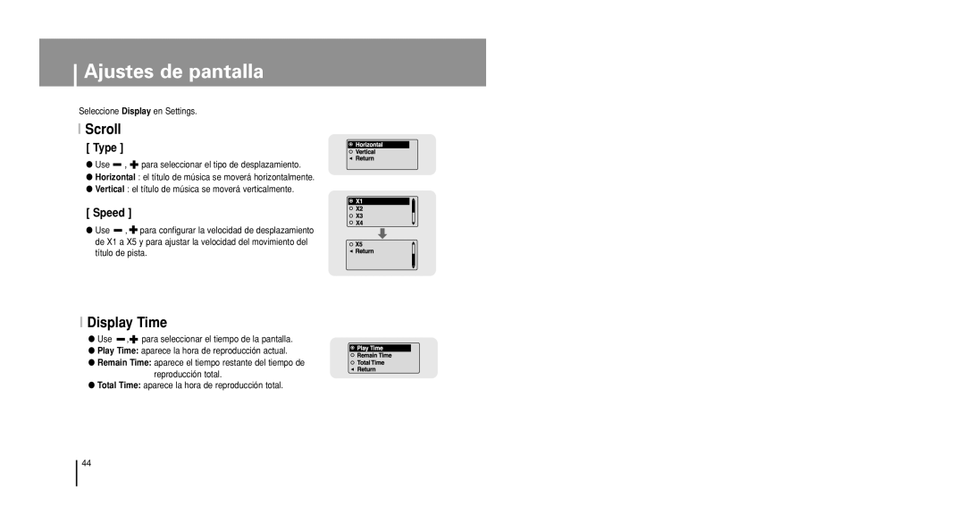 Samsung YP-U1V/ELS, YP-U1X/ELS manual Ajustes de pantalla, Scroll, Display Time 