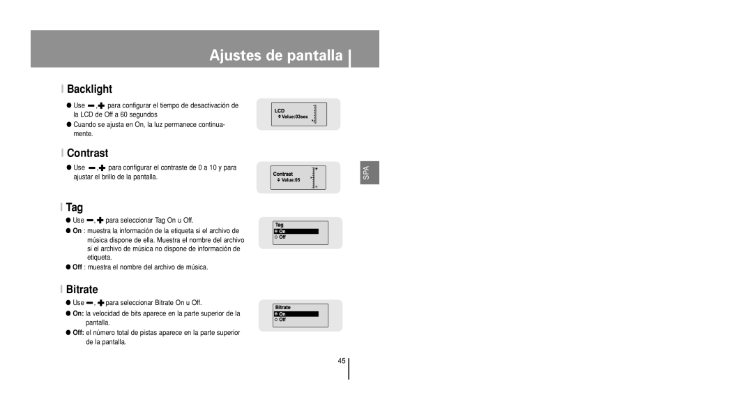 Samsung YP-U1X/ELS, YP-U1V/ELS manual Backlight, Contrast, Tag, Bitrate 