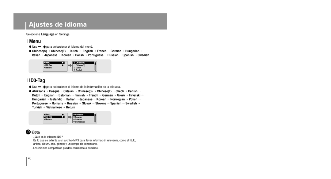 Samsung YP-U1V/ELS, YP-U1X/ELS manual Ajustes de idioma, Menu, ID3-Tag 