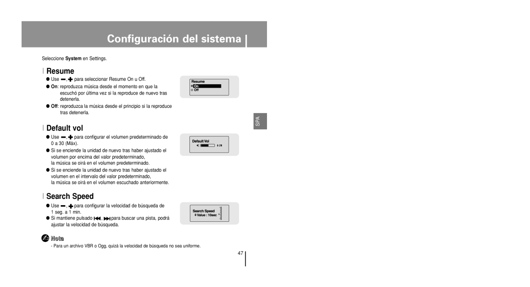 Samsung YP-U1X/ELS, YP-U1V/ELS manual Configuración del sistema, Resume, Default vol, Search Speed 