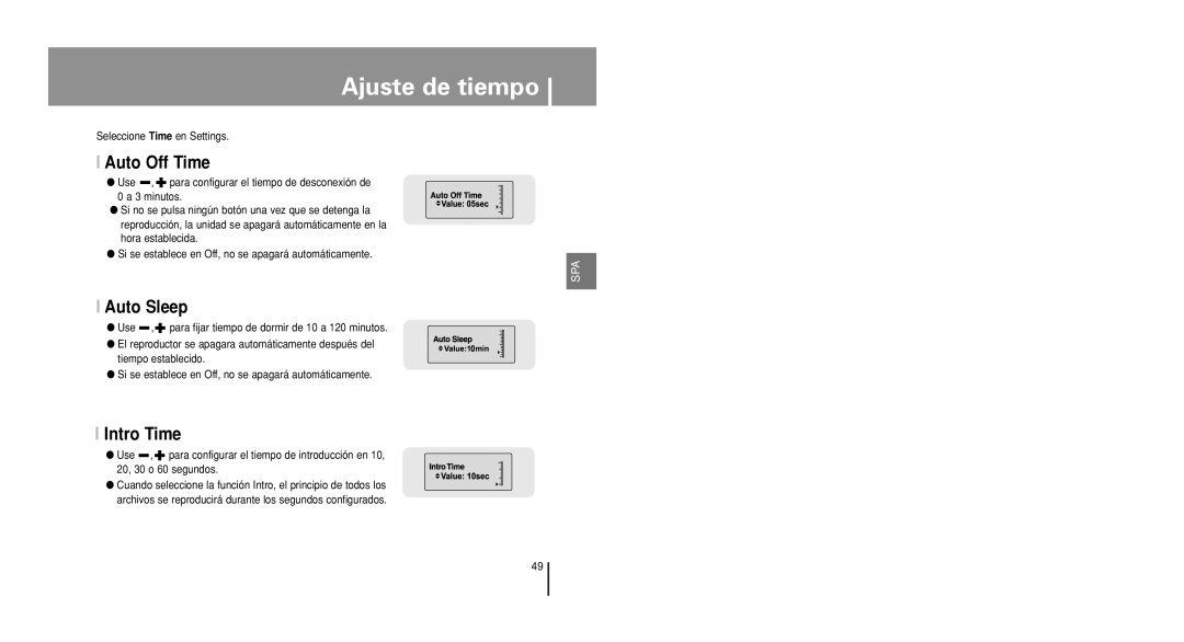 Samsung YP-U1X/ELS, YP-U1V/ELS manual Ajuste de tiempo, Auto Off Time, Auto Sleep, Intro Time 