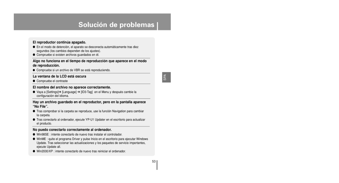 Samsung YP-U1X/ELS, YP-U1V/ELS manual La ventana de la LCD está oscura 