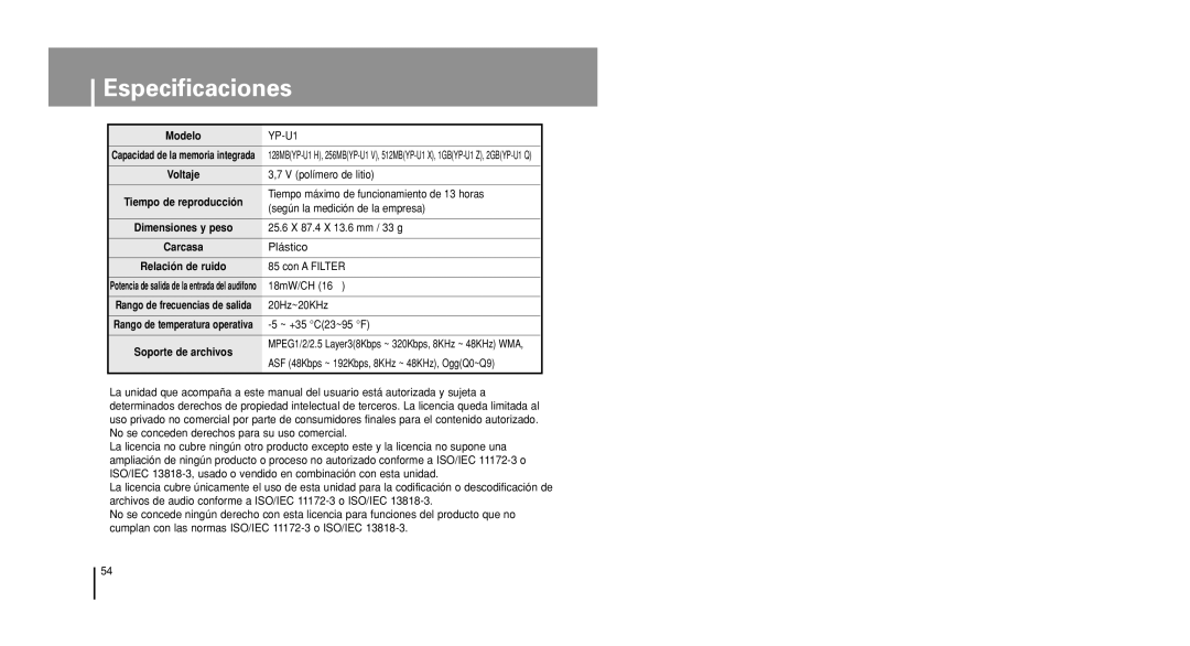 Samsung YP-U1V/ELS, YP-U1X/ELS manual Especificaciones 