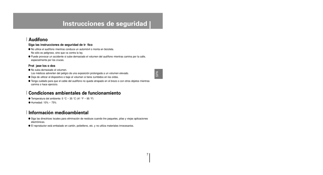 Samsung YP-U1X/ELS, YP-U1V/ELS manual Audífono, Condiciones ambientales de funcionamiento, Información medioambiental 