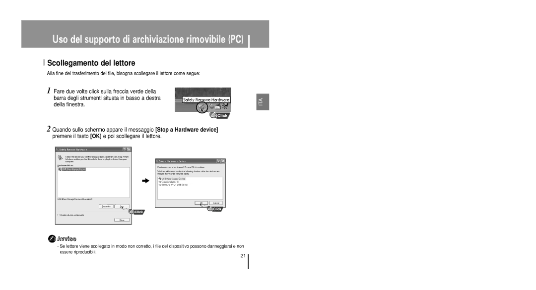 Samsung YP-U1Z/ELS, YP-U1V/ELS, YP-U1QB/ELS manual Uso del supporto di archiviazione rimovibile PC, Scollegamento del lettore 