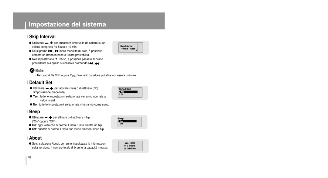 Samsung YP-U1X/ELS, YP-U1V/ELS, YP-U1Z/ELS, YP-U1QB/ELS, YP-U1QW/ELS manual Skip Interval, Default Set, Beep, About 