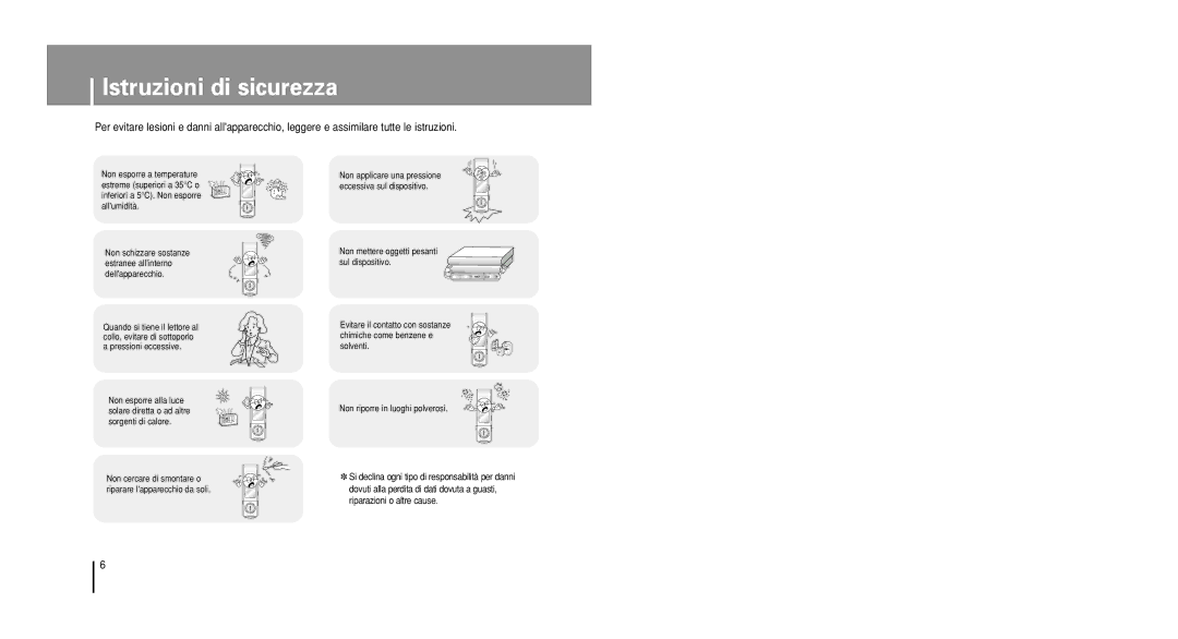 Samsung YP-U1Z/ELS, YP-U1V/ELS, YP-U1QB/ELS, YP-U1X/ELS, YP-U1QW/ELS manual Istruzioni di sicurezza 