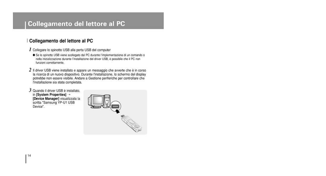 Samsung YP-U1QW/ELS, YP-U1V/ELS, YP-U1Z/ELS, YP-U1QB/ELS, YP-U1X/ELS manual Collegamento del lettore al PC 