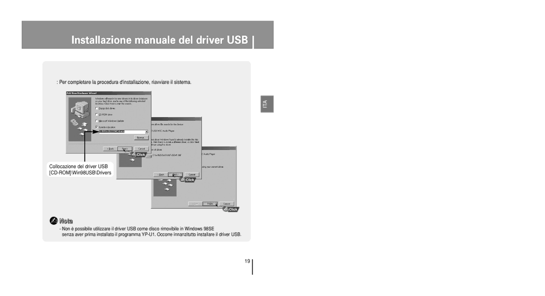 Samsung YP-U1QW/ELS, YP-U1V/ELS, YP-U1Z/ELS, YP-U1QB/ELS, YP-U1X/ELS manual Collocazione del driver USB CD-ROM\Win98USB\Drivers 