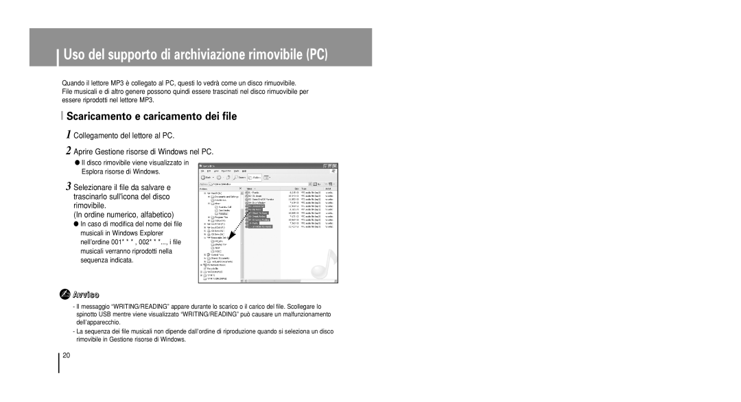 Samsung YP-U1V/ELS, YP-U1Z/ELS manual Uso del supporto di archiviazione rimovibile PC, Scaricamento e caricamento dei file 