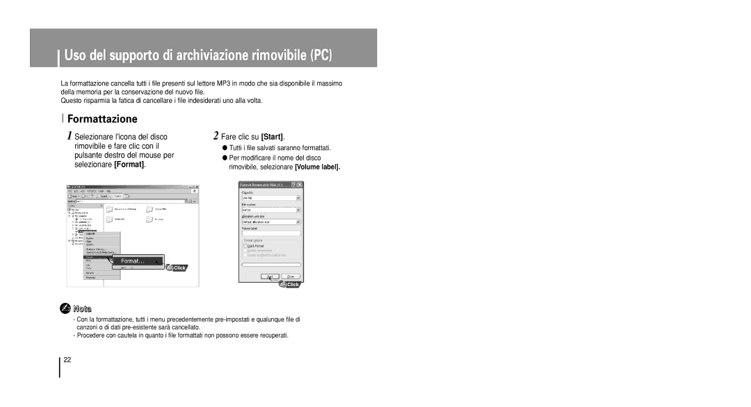 Samsung YP-U1QB/ELS, YP-U1V/ELS, YP-U1Z/ELS, YP-U1X/ELS, YP-U1QW/ELS Formattazione, Tutti i file salvati saranno formattati 