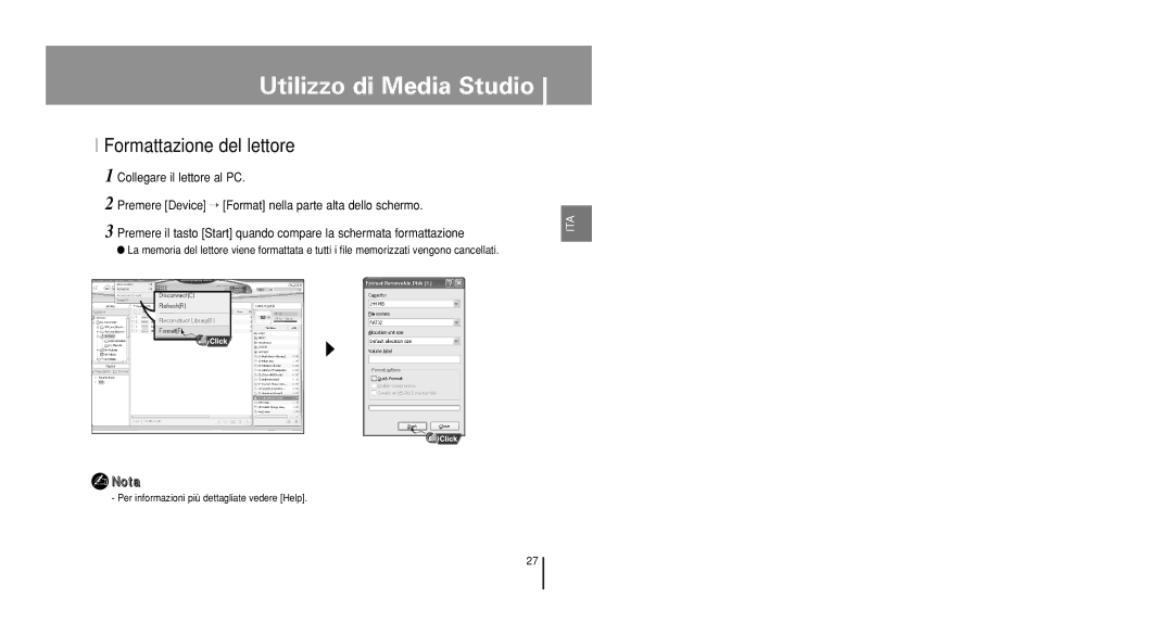 Samsung YP-U1QB/ELS, YP-U1V/ELS, YP-U1Z/ELS, YP-U1X/ELS, YP-U1QW/ELS manual Formattazione del lettore 