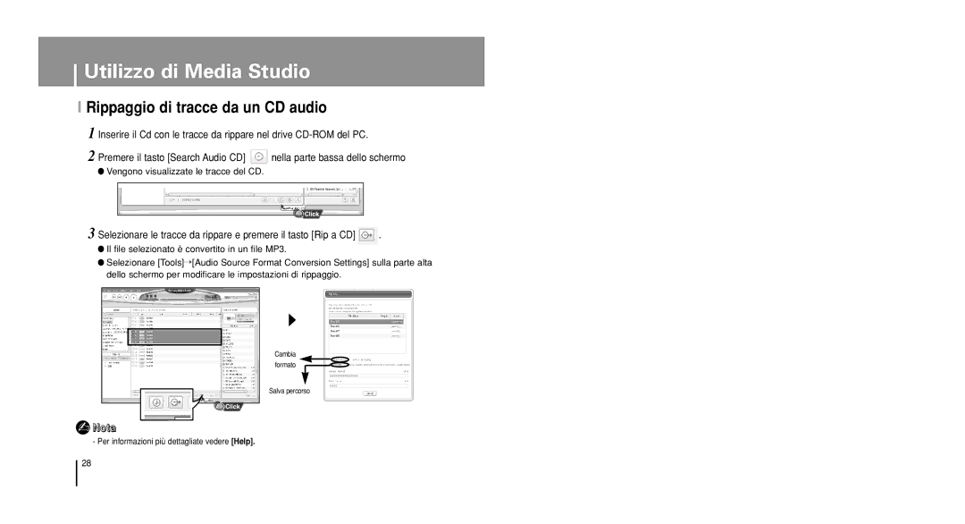 Samsung YP-U1X/ELS, YP-U1V/ELS, YP-U1Z/ELS, YP-U1QB/ELS, YP-U1QW/ELS manual Rippaggio di tracce da un CD audio 