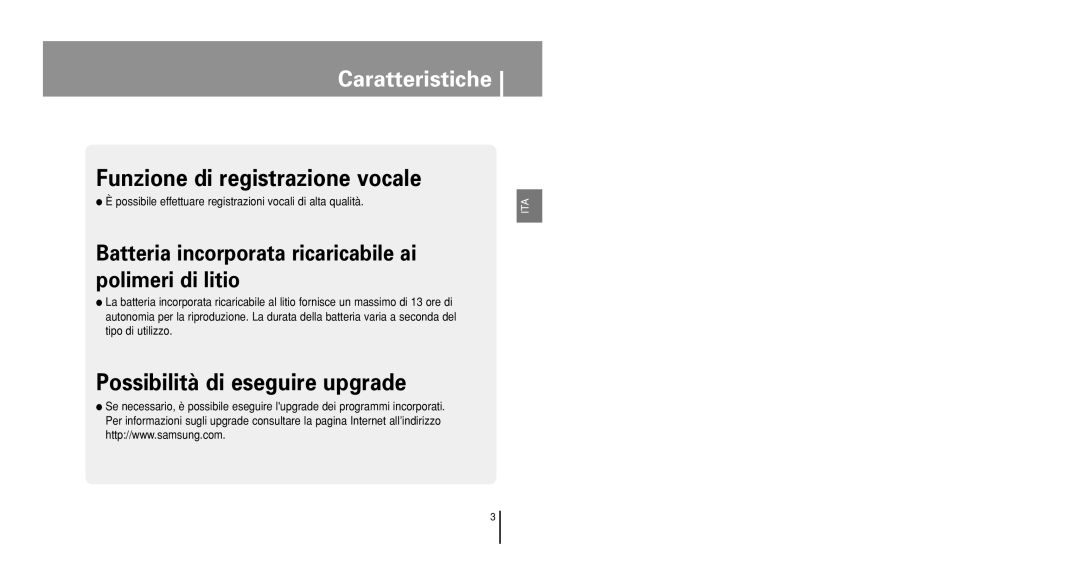 Samsung YP-U1X/ELS, YP-U1V/ELS, YP-U1Z/ELS, YP-U1QB/ELS, YP-U1QW/ELS manual Funzione di registrazione vocale 