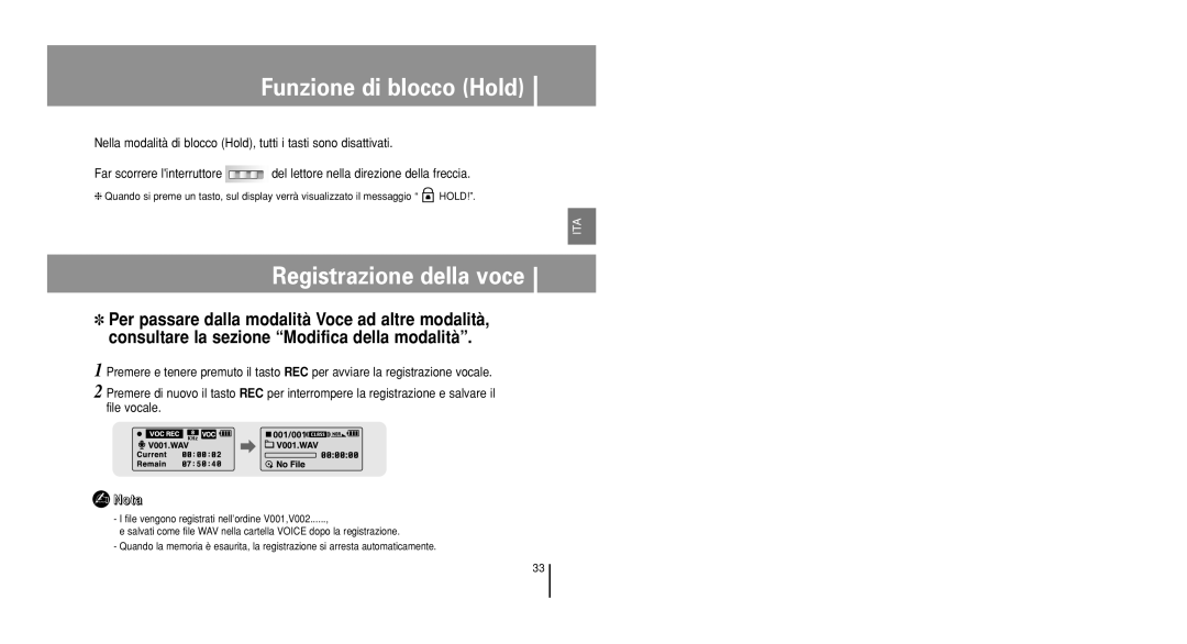 Samsung YP-U1X/ELS, YP-U1V/ELS, YP-U1Z/ELS, YP-U1QB/ELS, YP-U1QW/ELS manual Funzione di blocco Hold, Registrazione della voce 