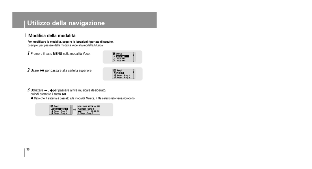 Samsung YP-U1X/ELS, YP-U1V/ELS manual Modifica della modalità, Esempio per passare dalla modalità Voce alla modalità Musica 