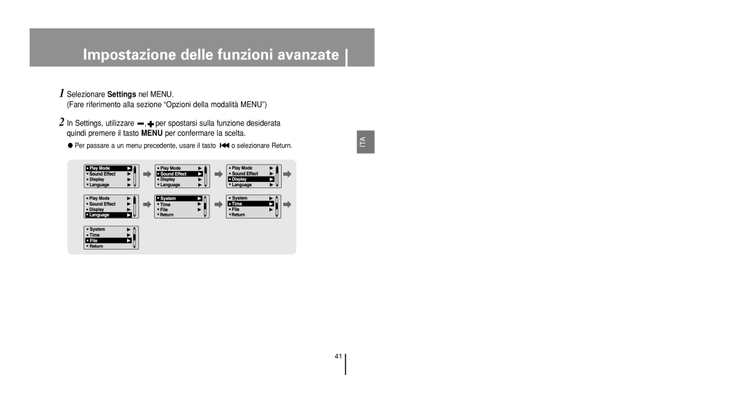 Samsung YP-U1Z/ELS, YP-U1V/ELS, YP-U1QB/ELS, YP-U1X/ELS, YP-U1QW/ELS manual Impostazione delle funzioni avanzate 