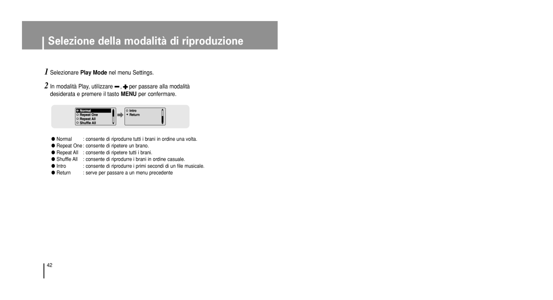 Samsung YP-U1QB/ELS, YP-U1V/ELS Selezione della modalità di riproduzione, Return Serve per passare a un menu precedente 