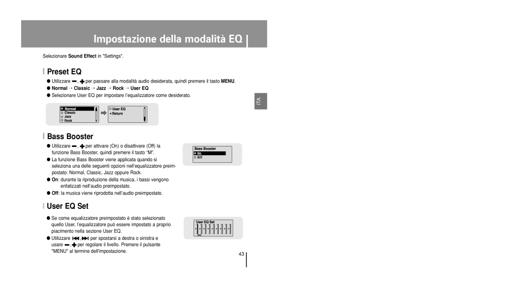 Samsung YP-U1X/ELS, YP-U1V/ELS, YP-U1Z/ELS, YP-U1QB/ELS Impostazione della modalità EQ, Preset EQ, Bass Booster, User EQ Set 