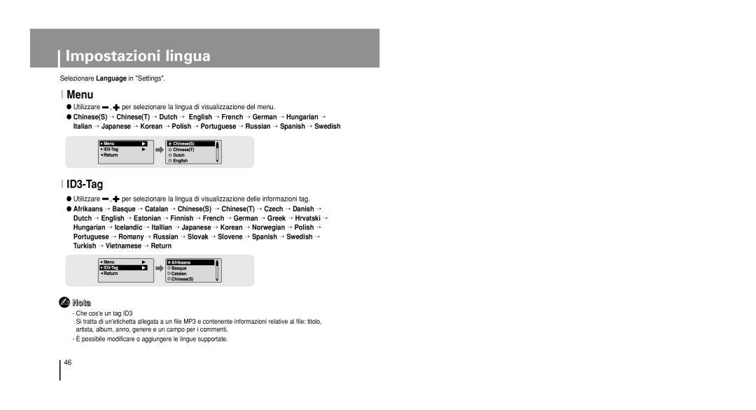 Samsung YP-U1Z/ELS, YP-U1V/ELS, YP-U1QB/ELS, YP-U1X/ELS, YP-U1QW/ELS manual Impostazioni lingua, Menu, ID3-Tag 