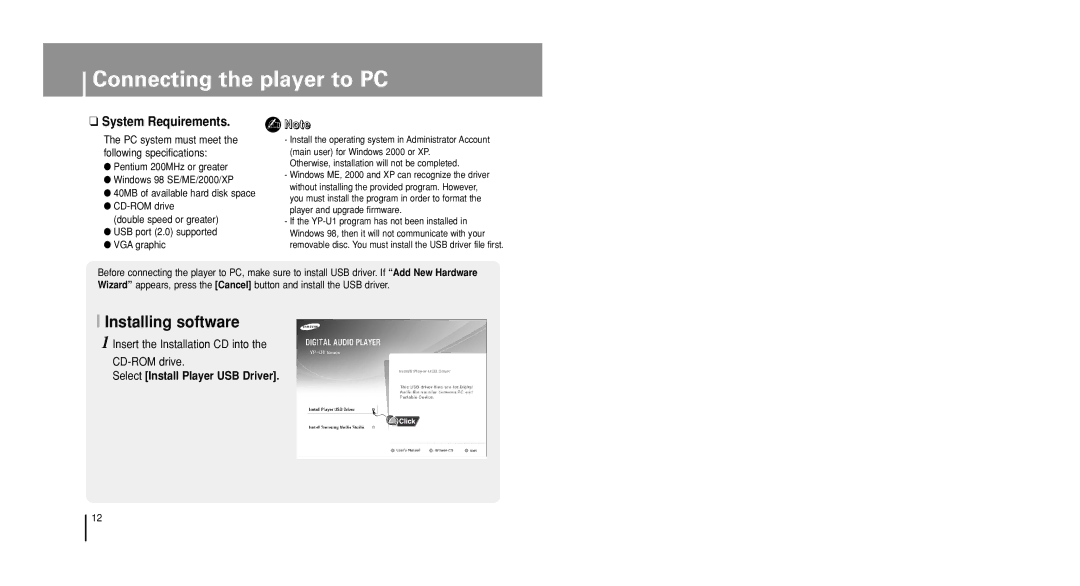 Samsung YP-U1VW/ELS manual Connecting the player to PC, Installing software, Insert the Installation CD into CD-ROM drive 